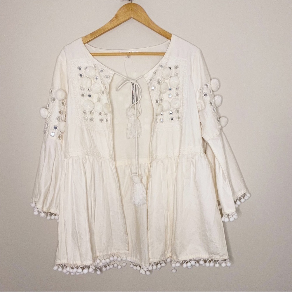 NEW Artisan Boho Tunic Top Mirror Pom Pom Work - M